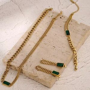 18k GOLD PLATED EMERALD GREEN ZIRCON BRACELETS NECKLACE EARRINGS SET
